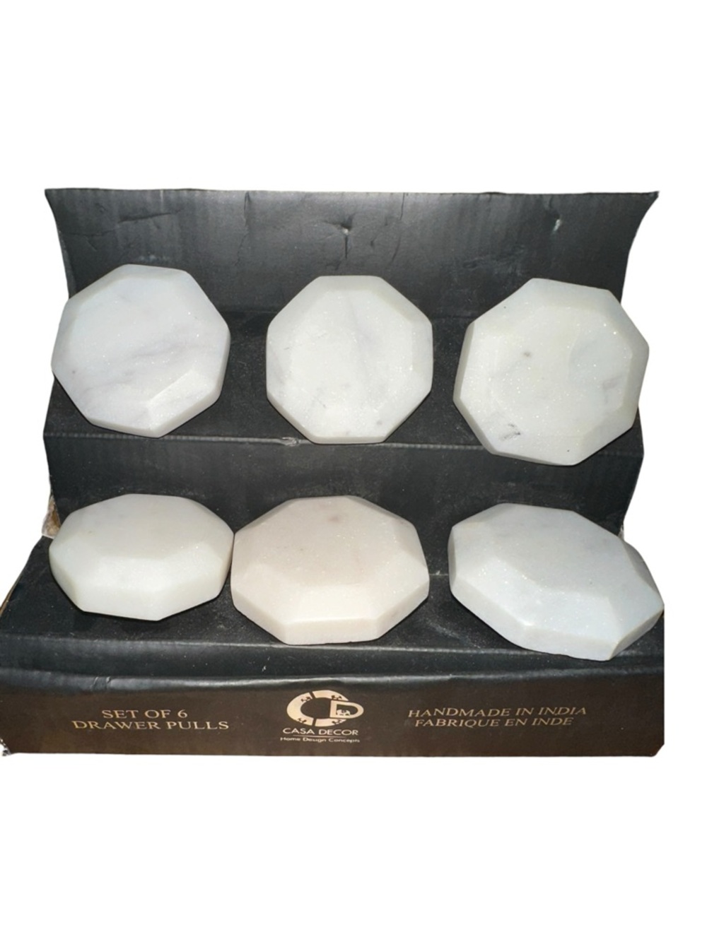 CASA DECOR HANDMADE 100% REAL MARBLE white hexagon Drawer Pulls knobs silver 2" - Picture 2 of 8